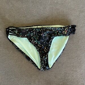 Prana Black Multi-Confetti Strappy Bikini Bottom with Mint Lining